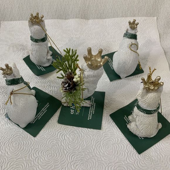 5 Christmas Tree Ornaments Fox Bear Owl with Crowns Ceramic White Green Gold Lot - Picture 2 of 16